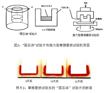 圖2：“固態(tài)油”試驗(yàn)片和推力型摩擦磨損試驗(yàn)機(jī)簡(jiǎn)圖&照片2：摩擦磨損試驗(yàn)后的“固態(tài)油”試驗(yàn)片的斷面